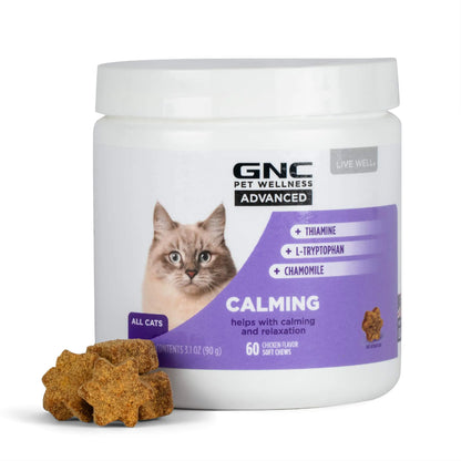 GNC Pets ADVANCED Calming Cat Chews Cats 60 ct | Chicken Flavored Cat Soft Chews for Calming & Relaxation | Thiamine L-Tryptophan & Chamomile Cat Calming Supplements | Made in the USA
