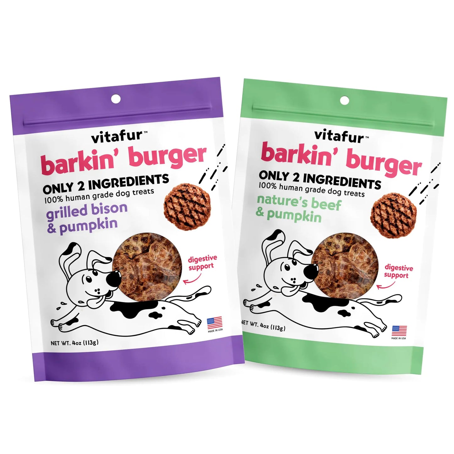 Vitafur Barkin Burger Dog Treats Combo Pack | Bison and Pumpkin + Beef and Pumpkin Grain Free Dog Treats