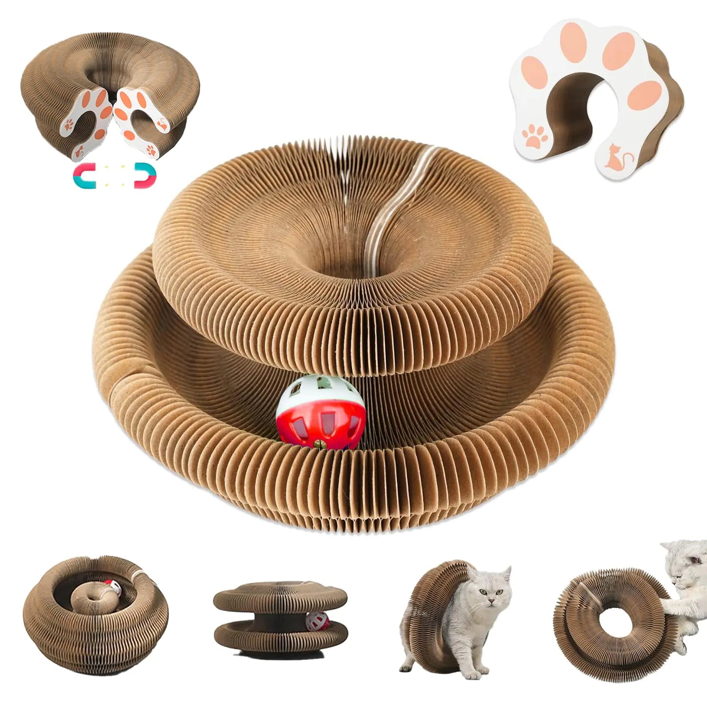 FOTN Kitty Kurlz Cat Toy Magic Organ Cat Interactive Scratcher Cardboard with Bell Ball Foldable & Changeable Accordion Shape Exercise Anxiety Relief Toy for Indoor Cats(1PCS)