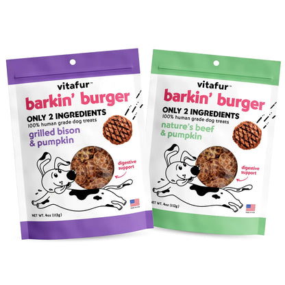 Vitafur Barkin Burger Dog Treats Combo Pack | Bison and Pumpkin + Beef and Pumpkin Grain Free Dog Treats